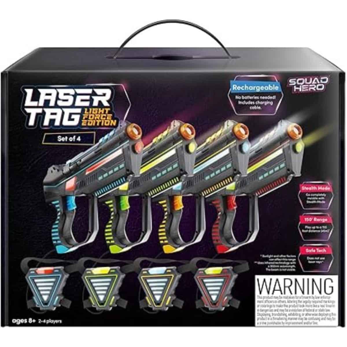 Squad Hero Laser Tag Light Force Edition set with four rechargeable blasters and matching vests, displayed in a black box with handle.