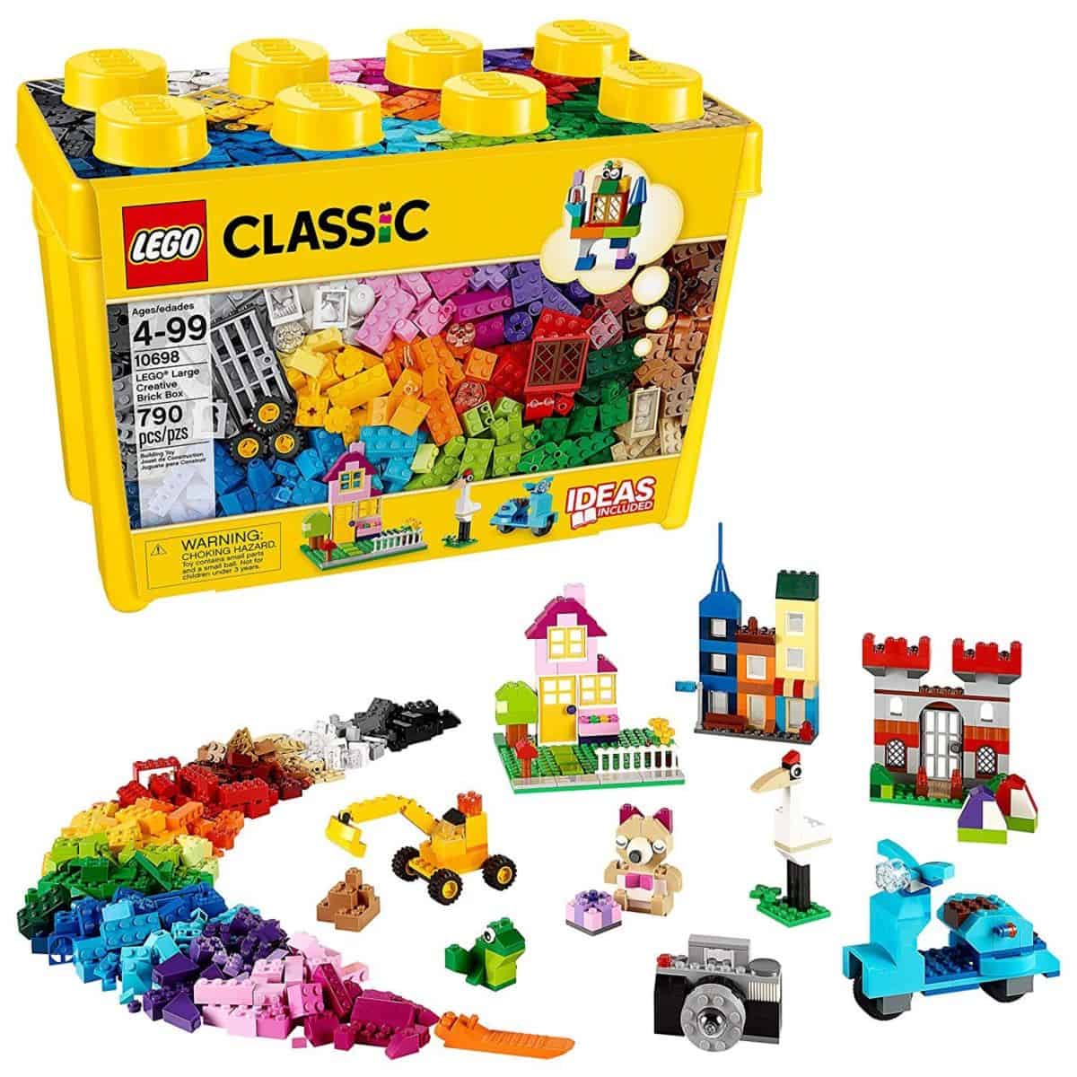 LEGO Classic large creative brick box with 790 colorful pieces and sample builds like houses, animals, and vehicles displayed in front.