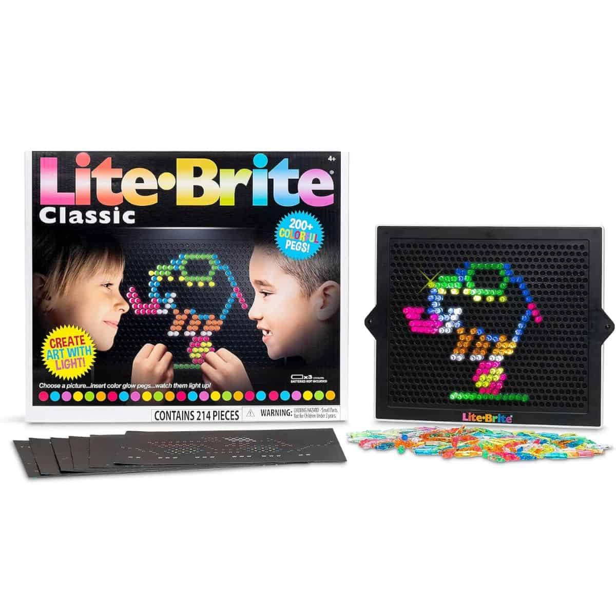 Lite-Brite Classic toy set with light board, colorful pegs, and design templates, shown beside its box featuring kids creating glowing art.
