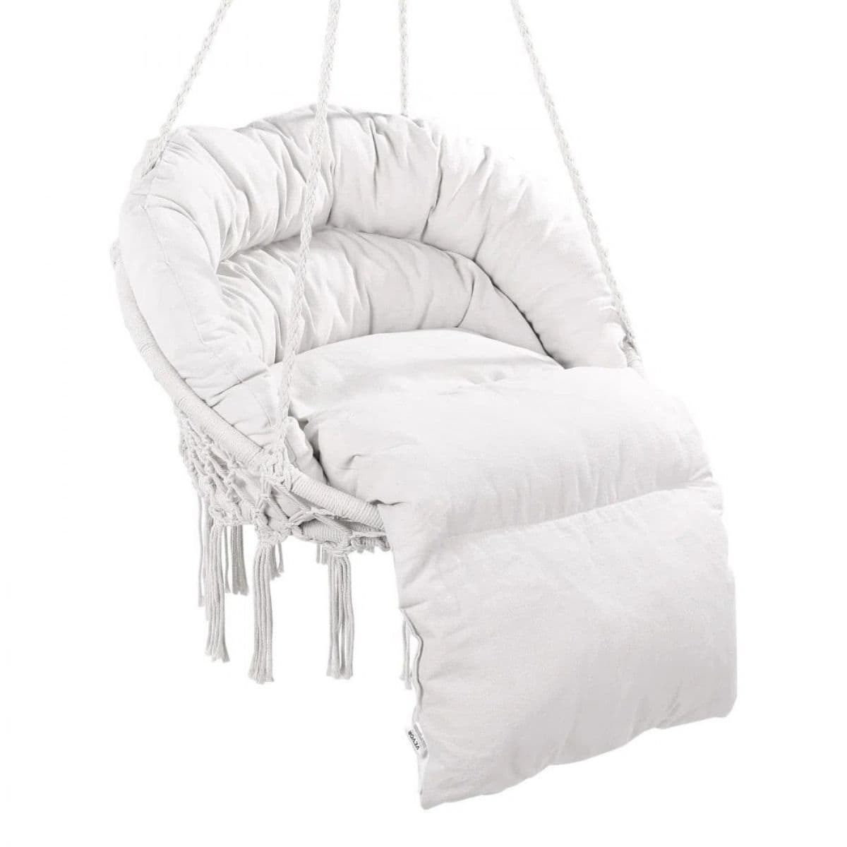 White cushioned macramé hanging chair with braided rope supports and fringe tassels, shown suspended against a plain white background.