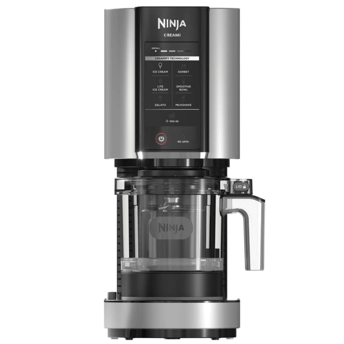 Ninja Creami ice cream maker with a pint container and digital control panel, used to make ice cream, sorbet, gelato, milkshakes, and smoothie bowls.