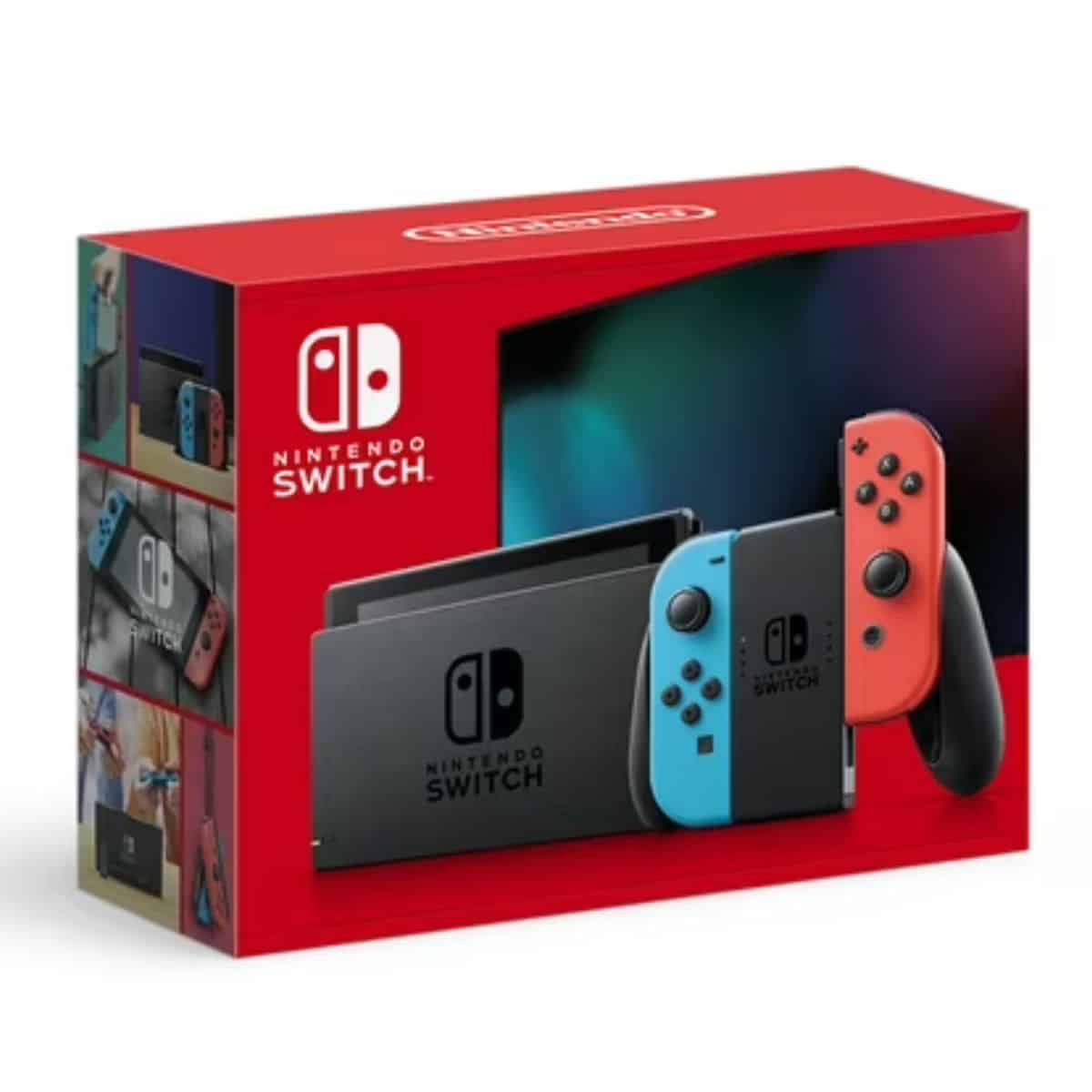 Nintendo Switch console box featuring red and blue Joy-Con controllers and dock, shown against a white background.