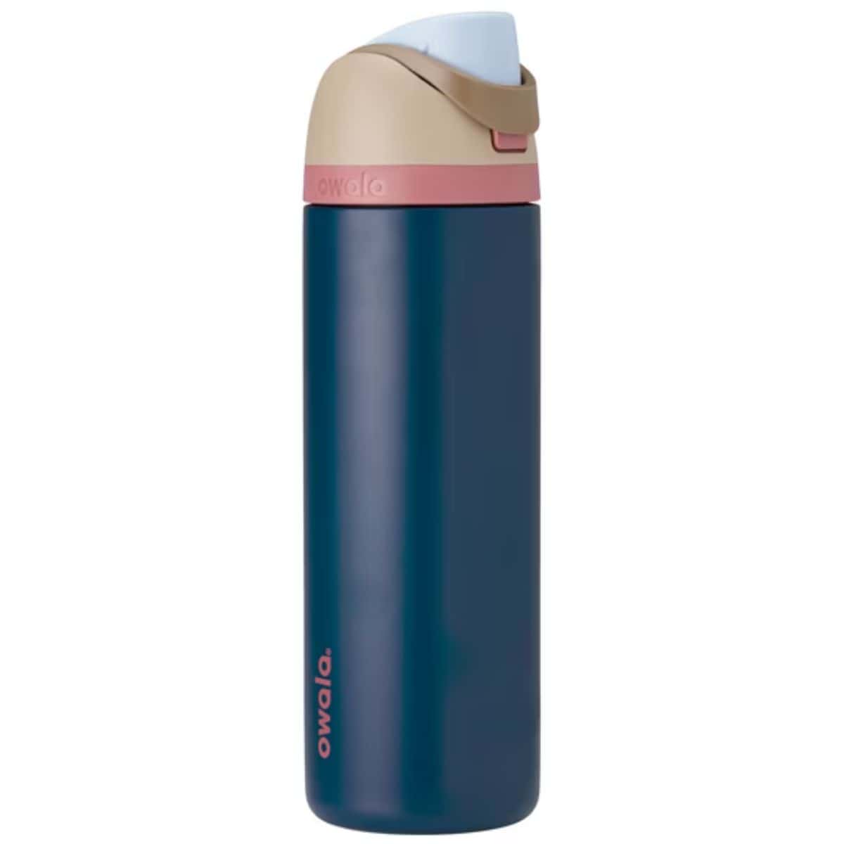 Owala stainless steel water bottle in navy blue with a beige and pink flip-top lid, shown upright on a white background.