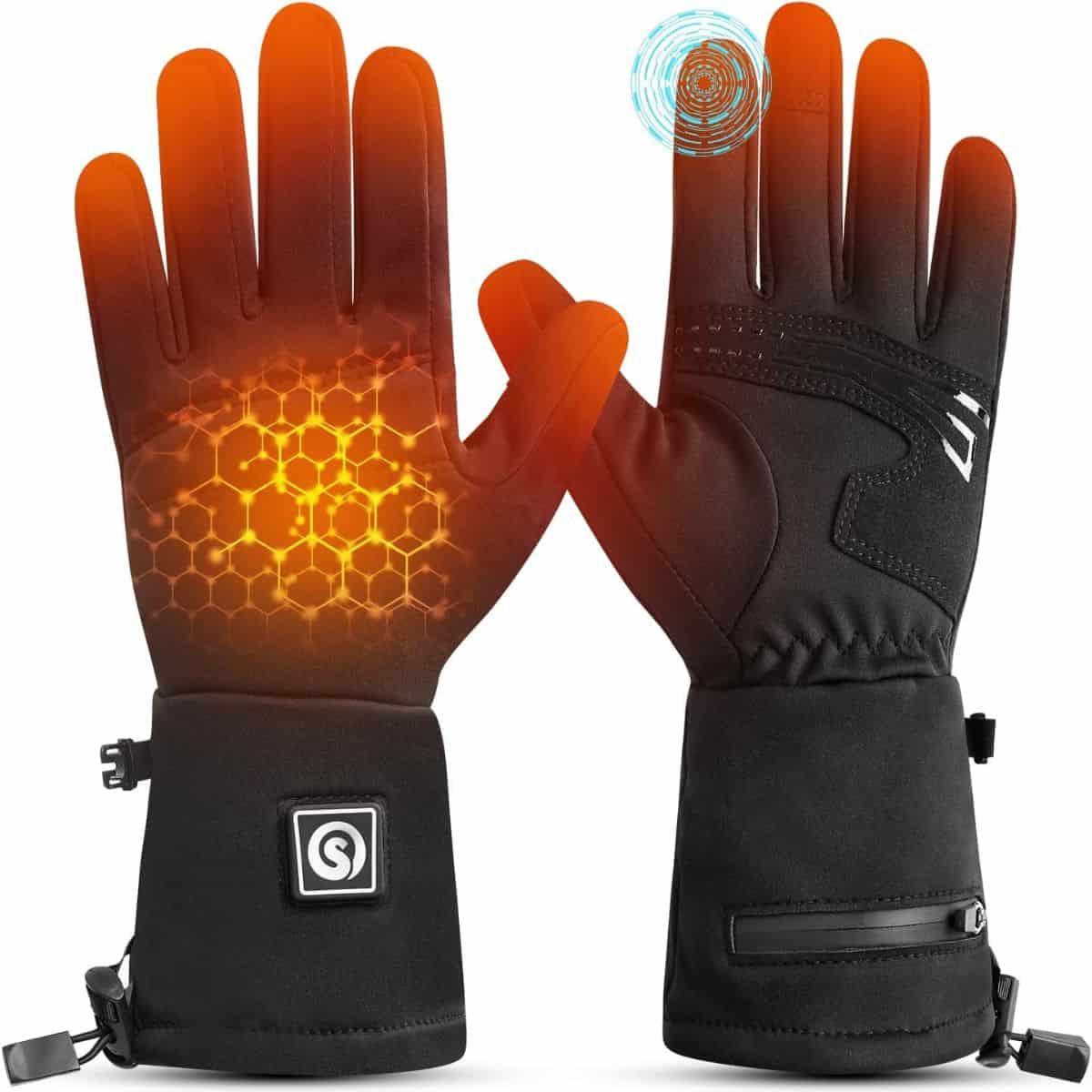 Pair of black rechargeable heated gloves with orange glowing heat zones on the palms and fingertips, shown on a white background.
