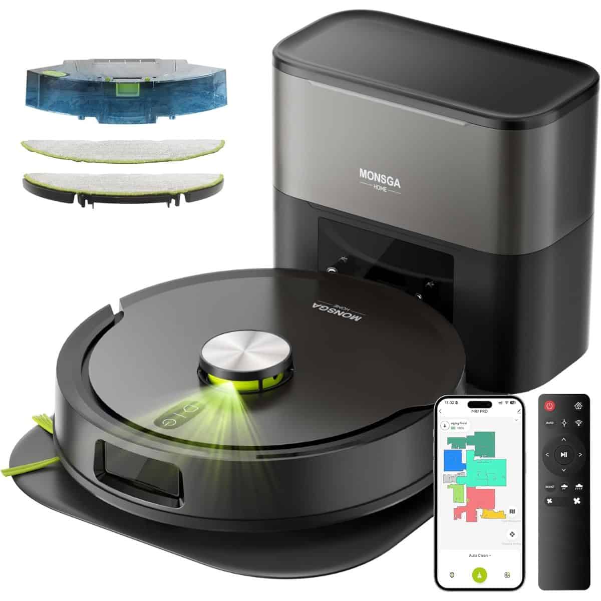 Robot vacuum and mop combo with self-emptying dock, smartphone app, remote control, and washable mop pads displayed on a white background.