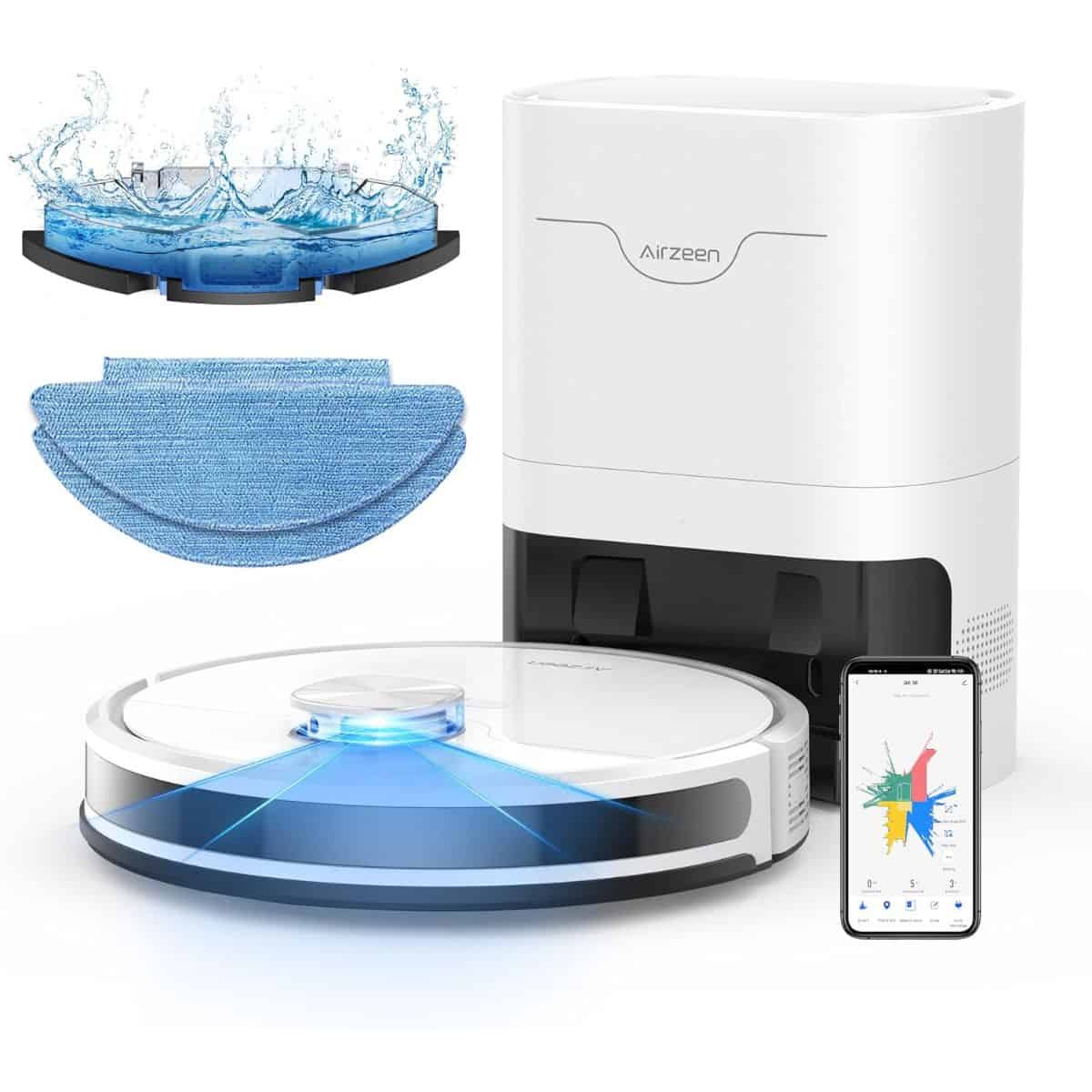 White robot vacuum and mop with charging base, water tank, cleaning pad, and smartphone app for smart home control.