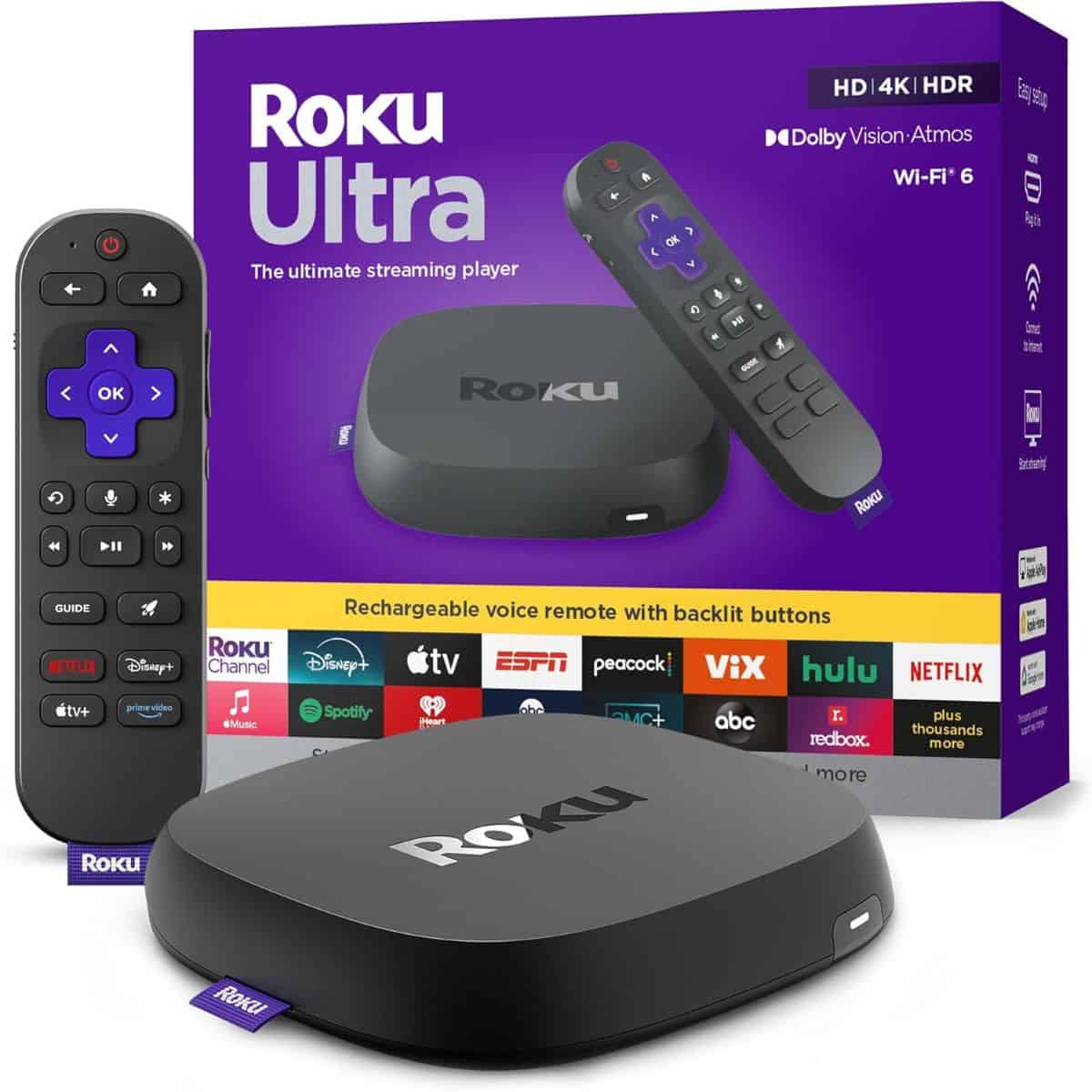 Roku Ultra streaming device with rechargeable voice remote, shown with packaging highlighting 4K HDR and Dolby Vision support.