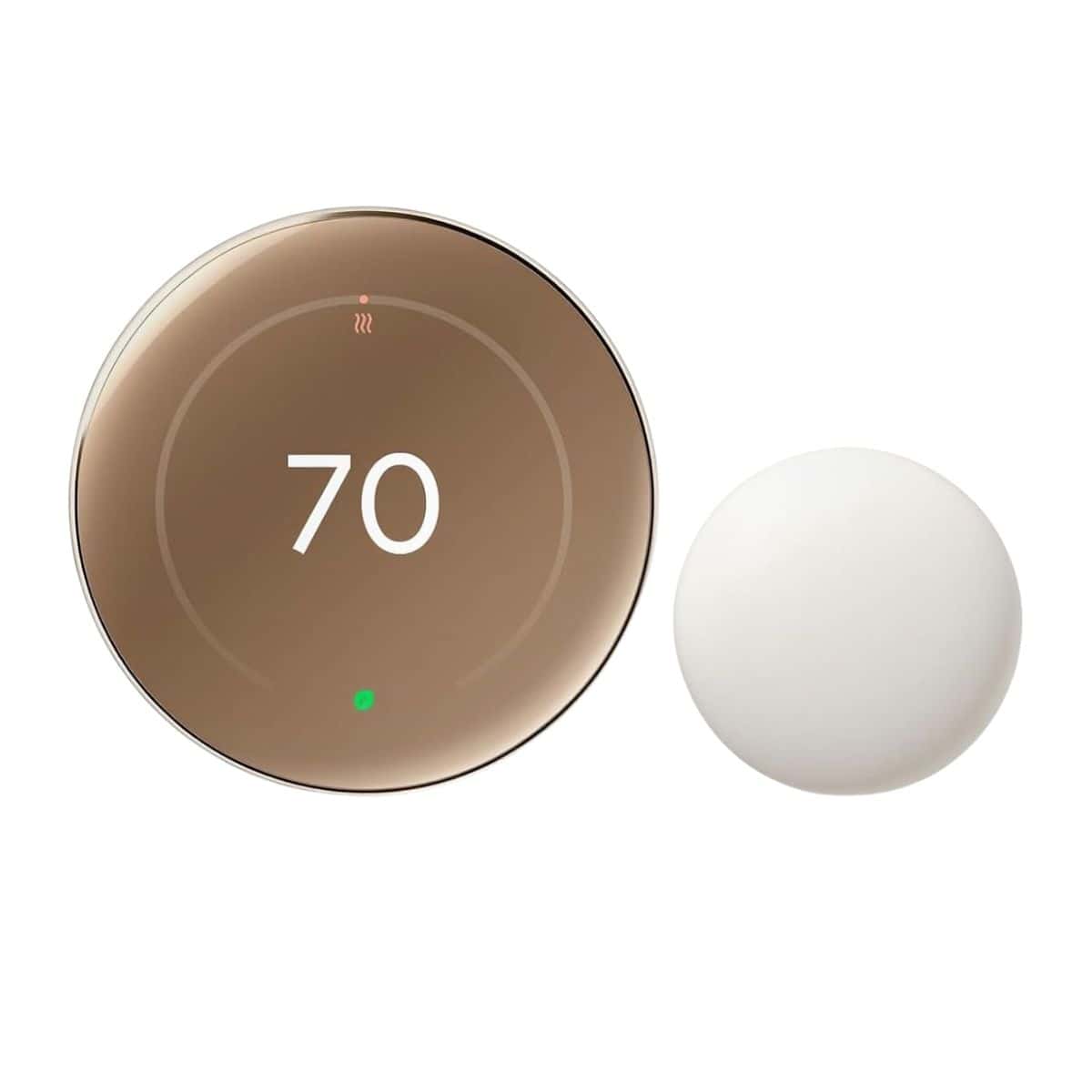 Smart thermostat with a round digital display showing 70 degrees and a matching white temperature sensor beside it.