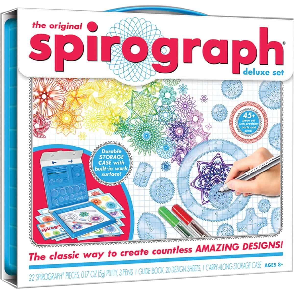 Spirograph Deluxe Set art kit with colorful geometric designs, drawing tools, pens, and a blue storage case, shown in packaging.