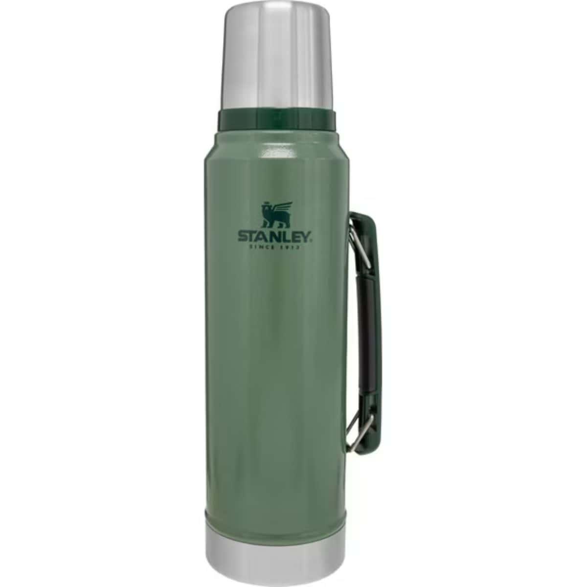 Green Stanley Classic vacuum insulated thermos bottle with handle and silver lid that doubles as a cup, standing upright on a white background.