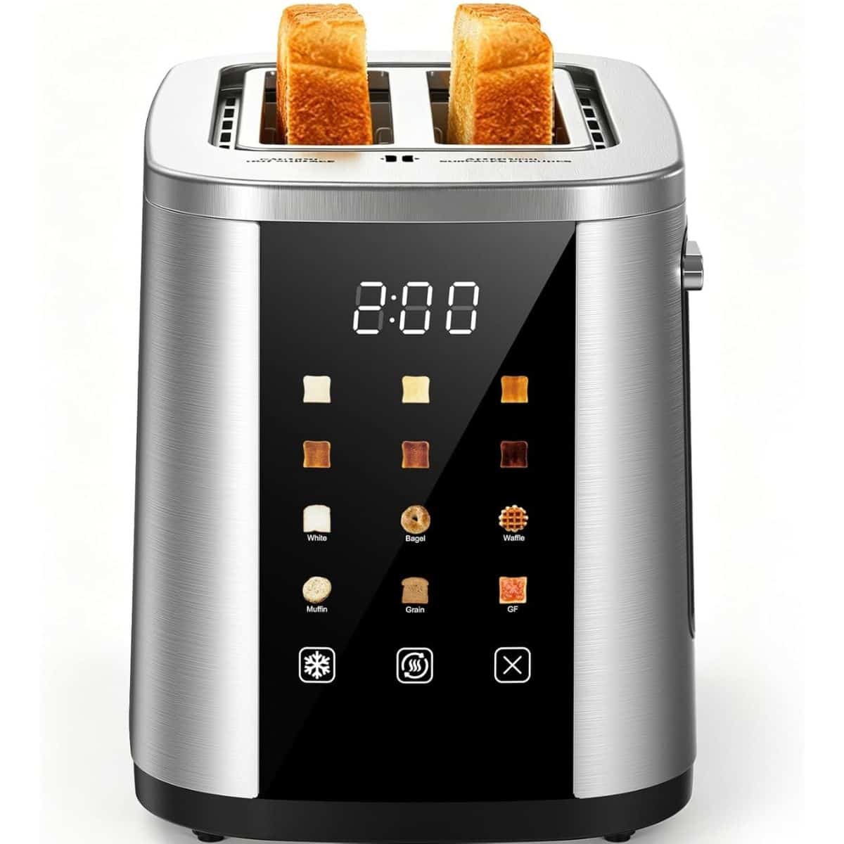 Stainless steel two-slice toaster with a digital touch screen and two slices of toasted bread.