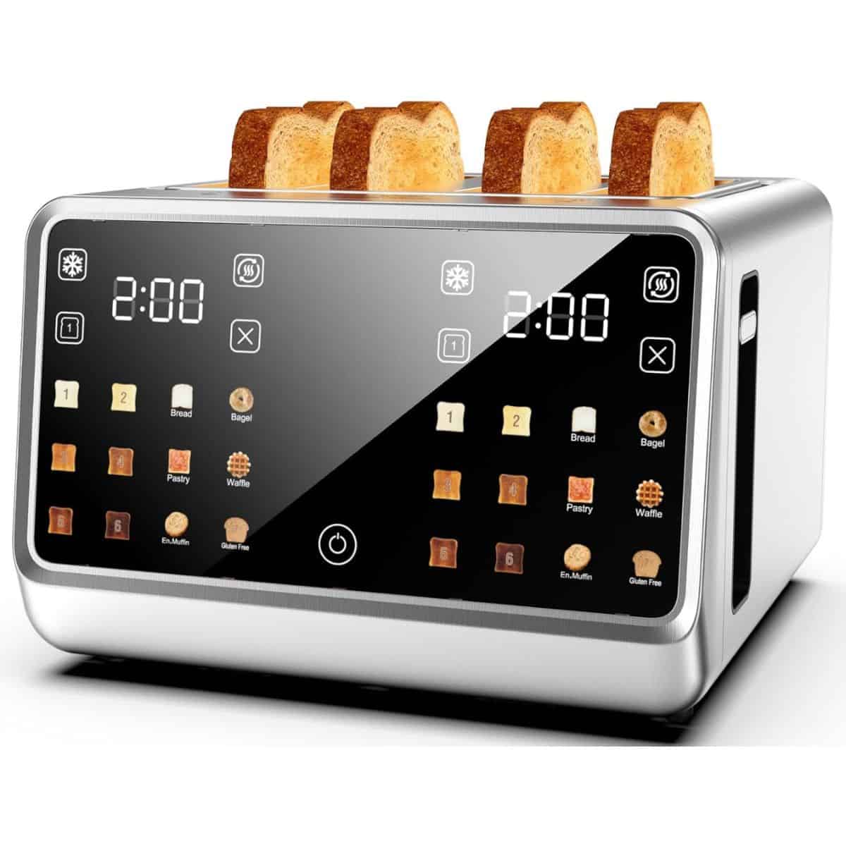Modern stainless steel toaster with digital touch screen and six slices of toasted bread on top.