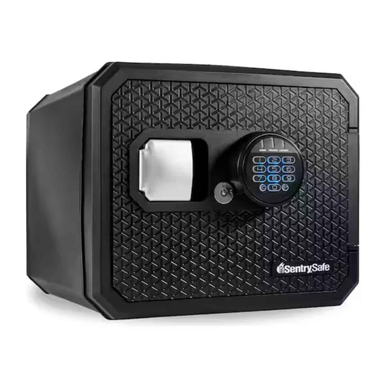 Black Honeywell fireproof and waterproof safe with digital keypad lock and silver handle, shown closed on a white background.