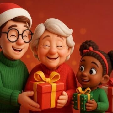 Animated holiday scene showing three smiling characters holding wrapped Christmas gifts, set against a warm red festive background.