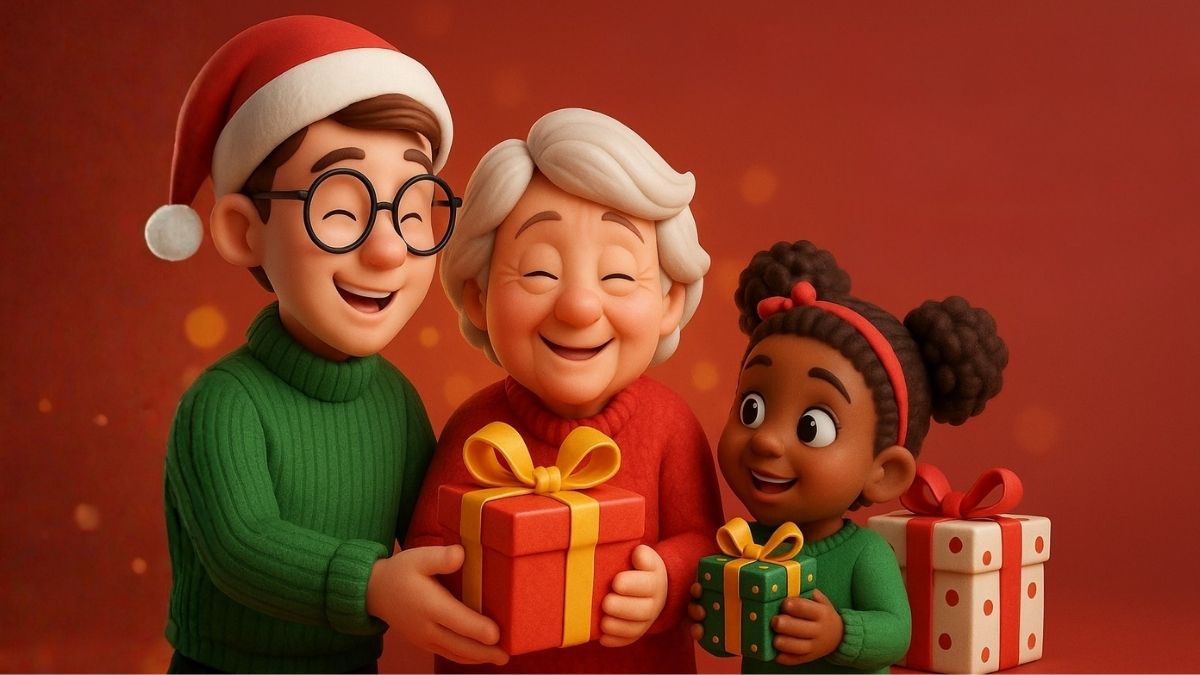 Animated holiday scene showing three smiling characters holding wrapped Christmas gifts, set against a warm red festive background.