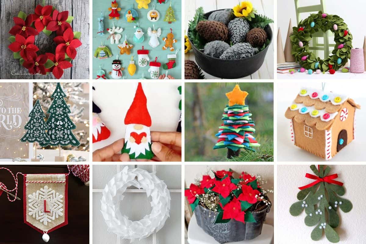 Collage with 12 felt Christmas crafts.