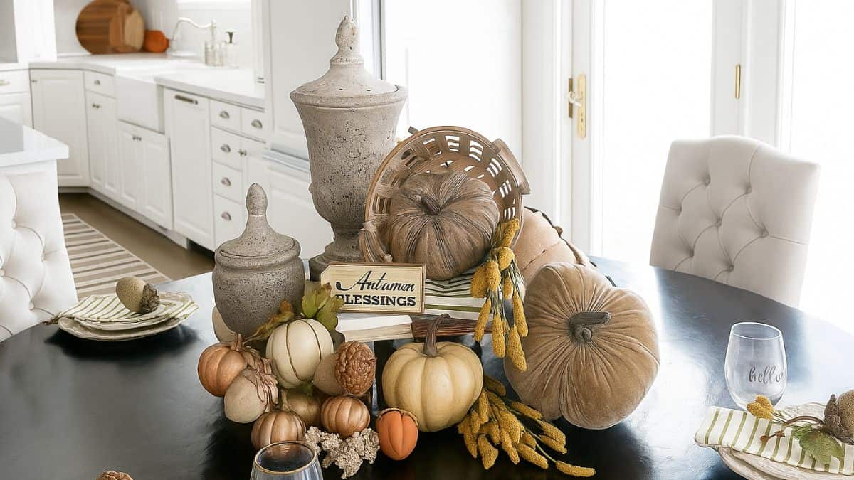 Fall centerpiece with neutral velvet pumpkins, rustic vases, a wooden