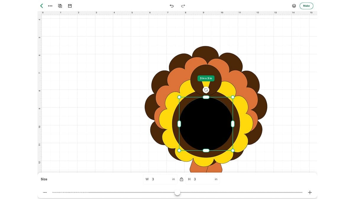 Cricut Design Space canvas showing a turkey treat holder with the center circle selected and sized to 3 by 3 inches.