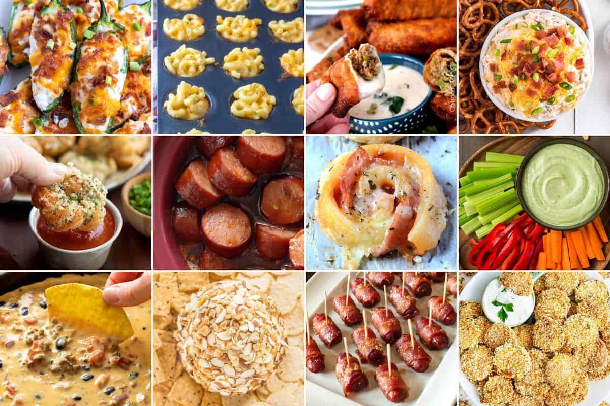 Collage image with 12 game day snacks.