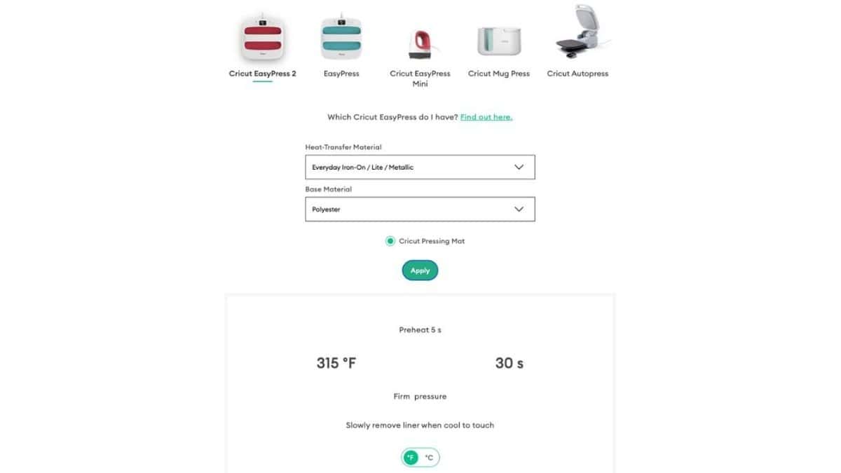 Cricut Heat Guide settings for applying metallic iron-on to polyester fabric, showing 315°F temperature, 30 seconds press time, and firm pressure instructions.