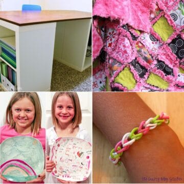 Collage showing DIY projects including a handmade desk, rag quilt, kids holding painted plates, and a woven rubber band bracelet.
