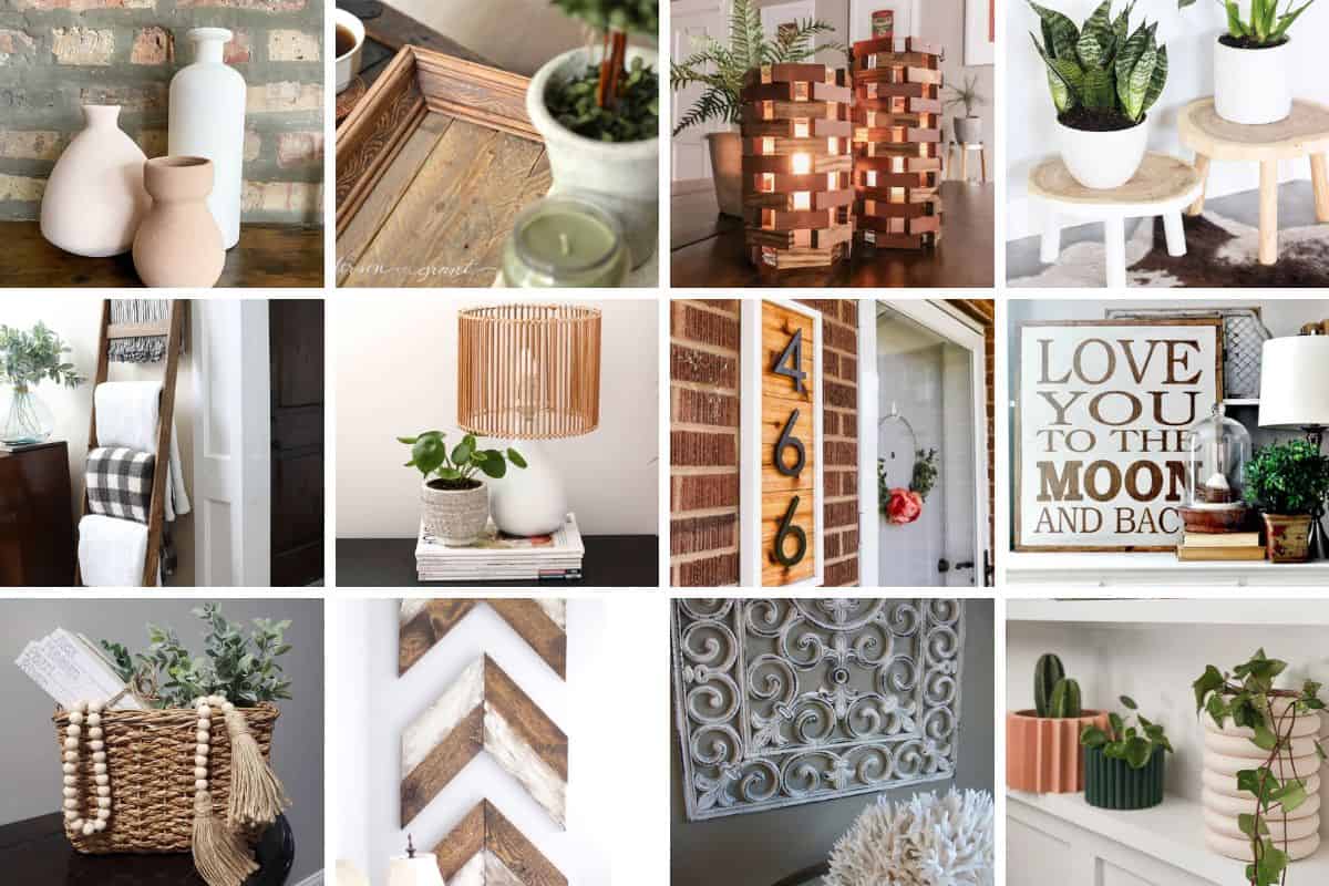 Collage image with 12 easy home DIY projects.