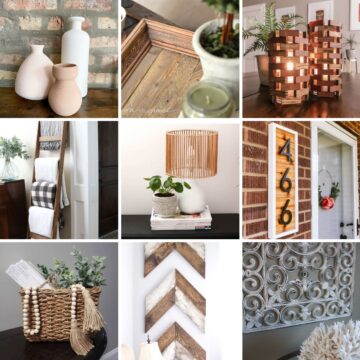 Collage with 9 images of home decor DIY projects.