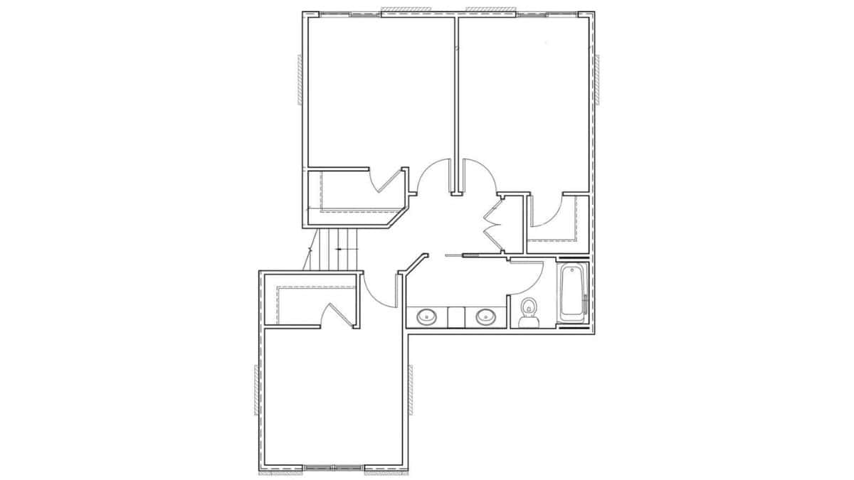 Black and white floor plan showing three bedrooms, closets, hallway, stairs, and a shared bathroom with double sinks and a bathtub.