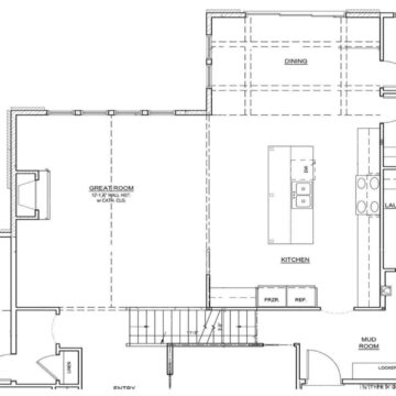 Black and white floor plan showing the kitchen, dining area, great room, mud room, and stairs in an open-concept home layout.