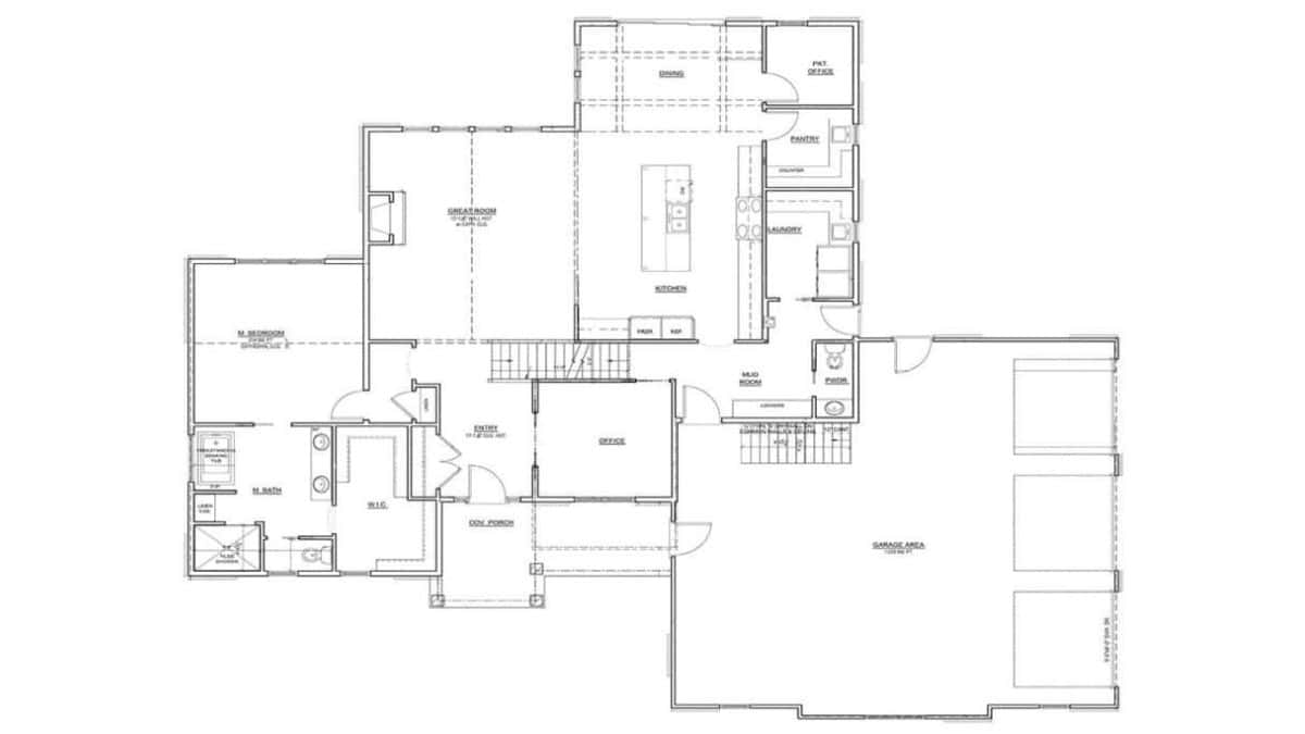 Black and white first floor house plan showing bedroom, kitchen, office, laundry room, garage, and open living spaces with labeled rooms.