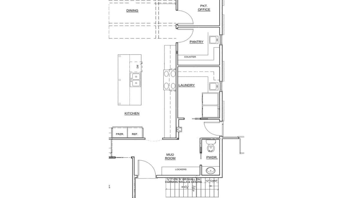 Black and white floor plan showing the kitchen, pantry, laundry room, mud room, powder room, and pocket office layout.
