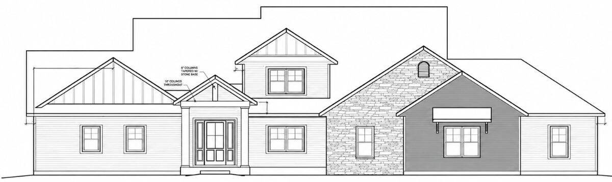 Black and white front elevation floor plan drawing of a modern single-story house with mixed siding, stone accents, and multiple rooflines.