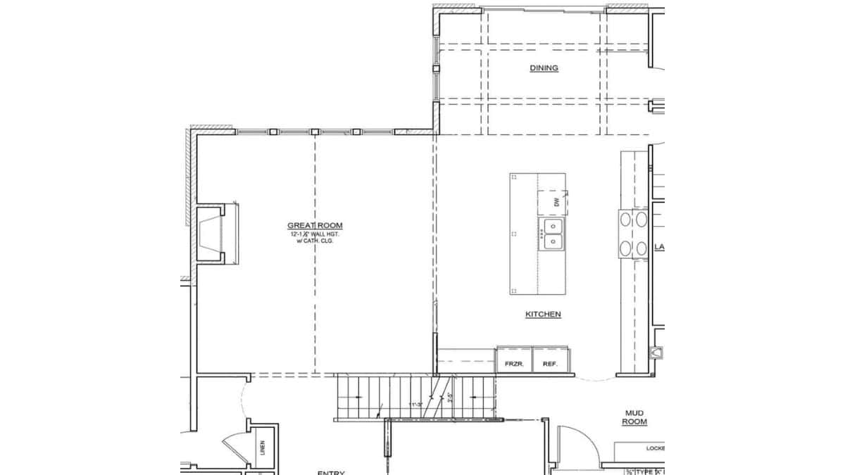 Black and white floor plan showing the kitchen, dining area, great room, mud room, and stairs in an open-concept home layout.
