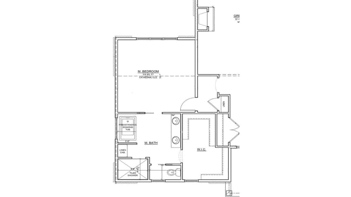 Black and white floor plan of a master suite showing the bedroom, bathroom, soaking tub, tiled shower, and walk-in closet layout.