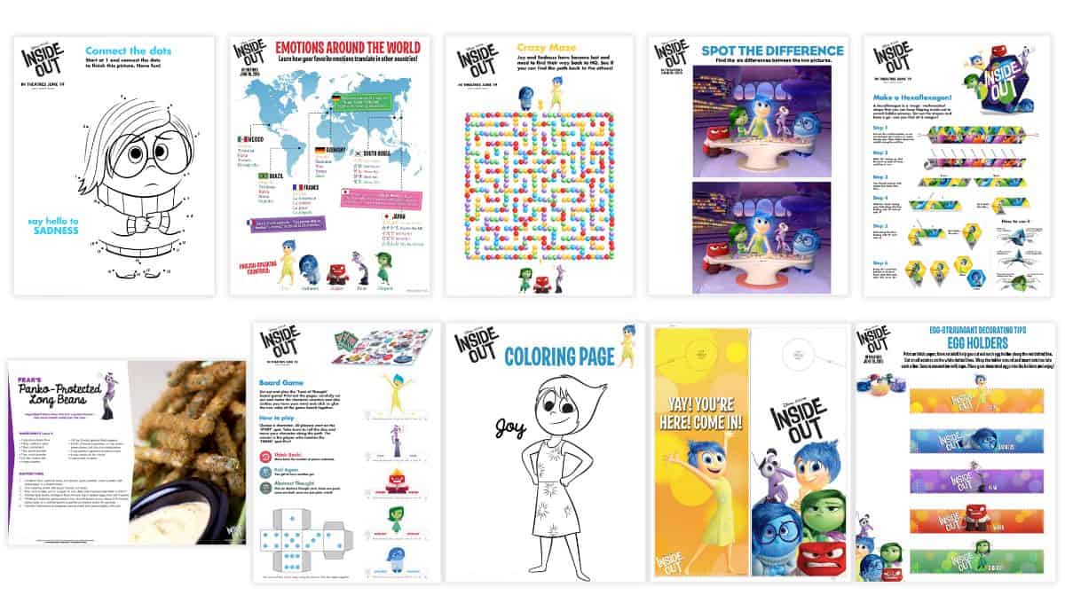 Collage of Disney Pixar Inside Out printable activities including coloring pages, mazes, spot the difference, a recipe, board game, crafts, and egg holders.