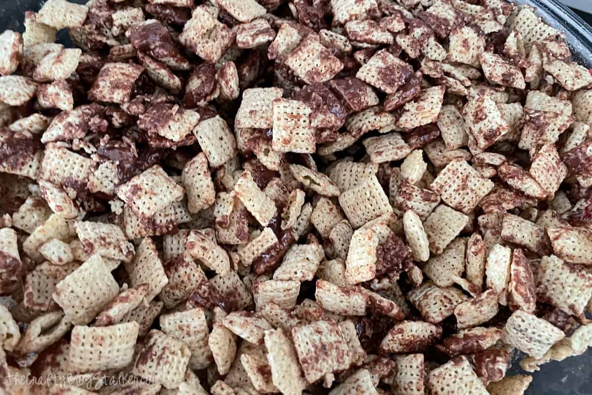 Chocolate and rice Chex stirred together.