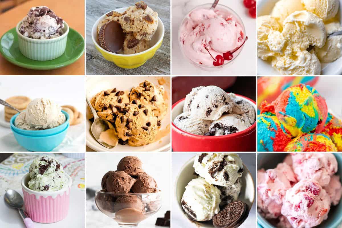 Collage image with 12 homemade ice cream recipes.