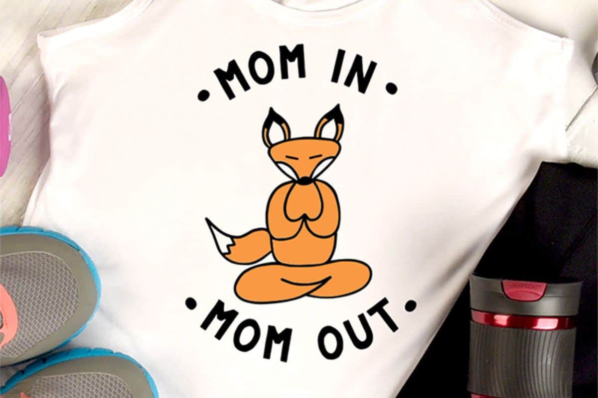 White tank top with a yoga fox and a design the says mom in mom out.