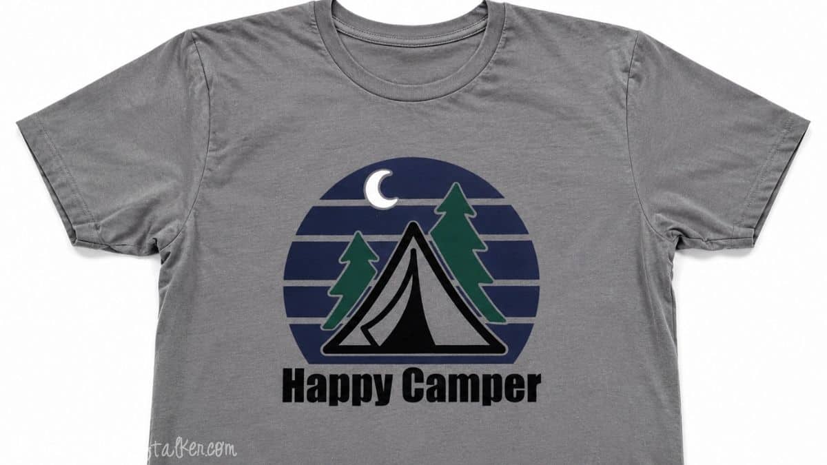 Gray T-shirt with a layered Happy Camper design featuring a tent, pine trees, crescent moon, and blue striped background.