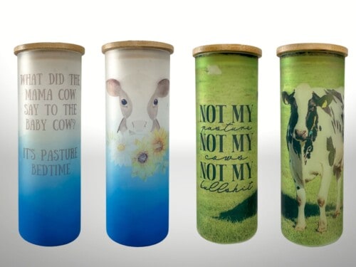 2 tumblers front and back with cow designs