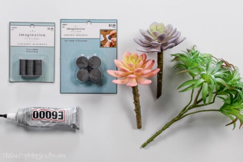 faux succulents, e6000 glue, and ceramic magnets to make DIY Succulent Magnets