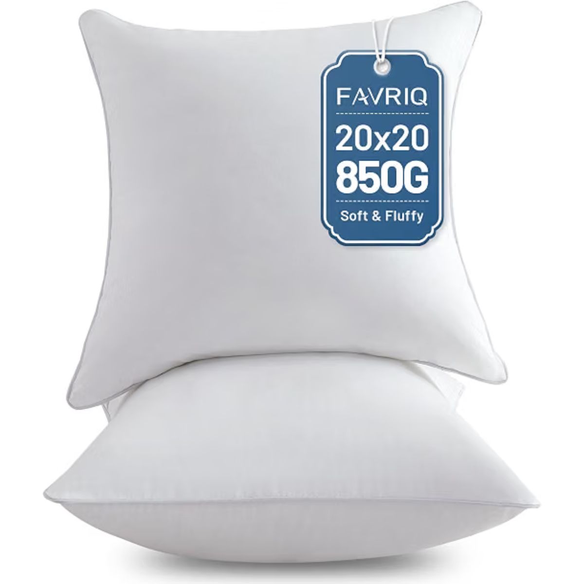Pair of white 20-inch square throw pillow inserts with a tag labeled soft and fluffy.