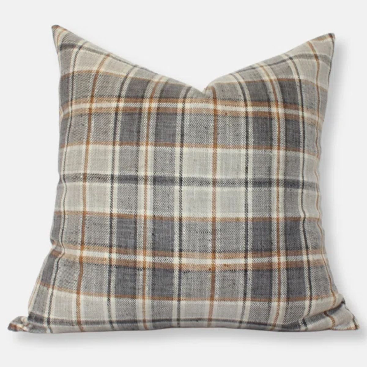 Square plaid throw pillow in gray, cream, and warm brown tones on a white background.