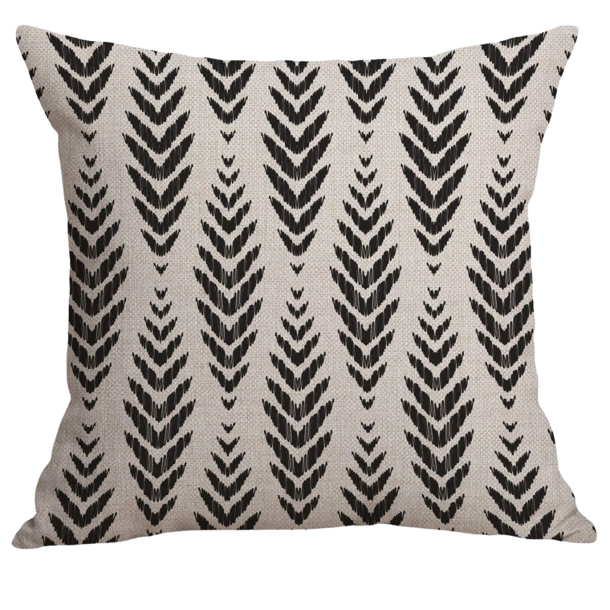 Cream square throw pillow with a repeating black chevron arrow pattern on a white background.