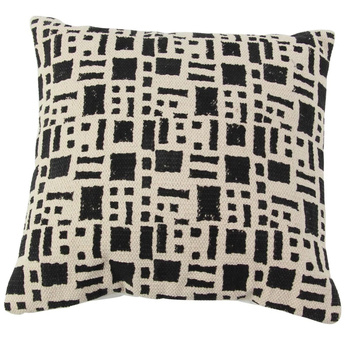 Black and cream woven throw pillow with an abstract geometric pattern of squares, rectangles, and lines.