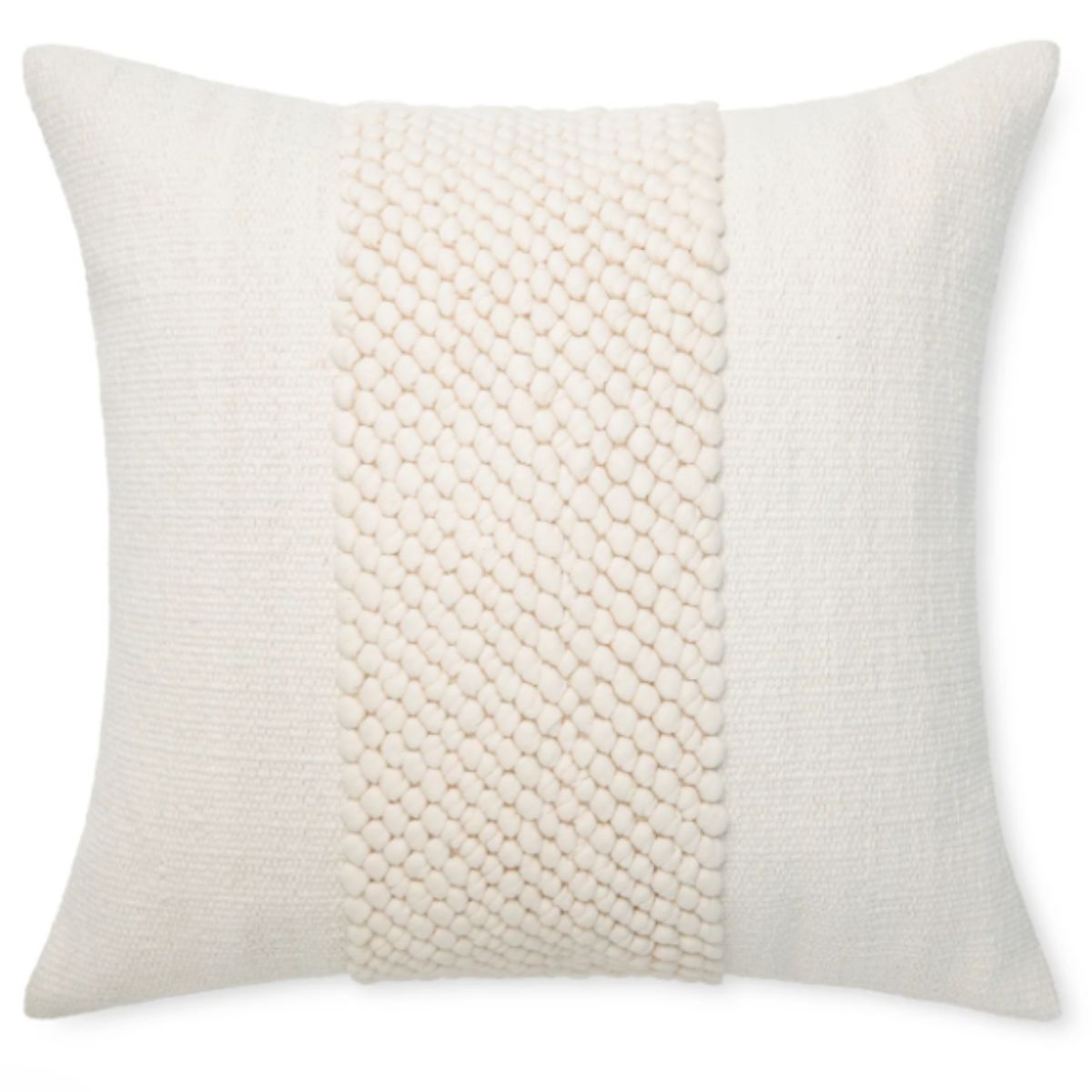 Cream square throw pillow with a wide textured woven stripe down the center on a white background.