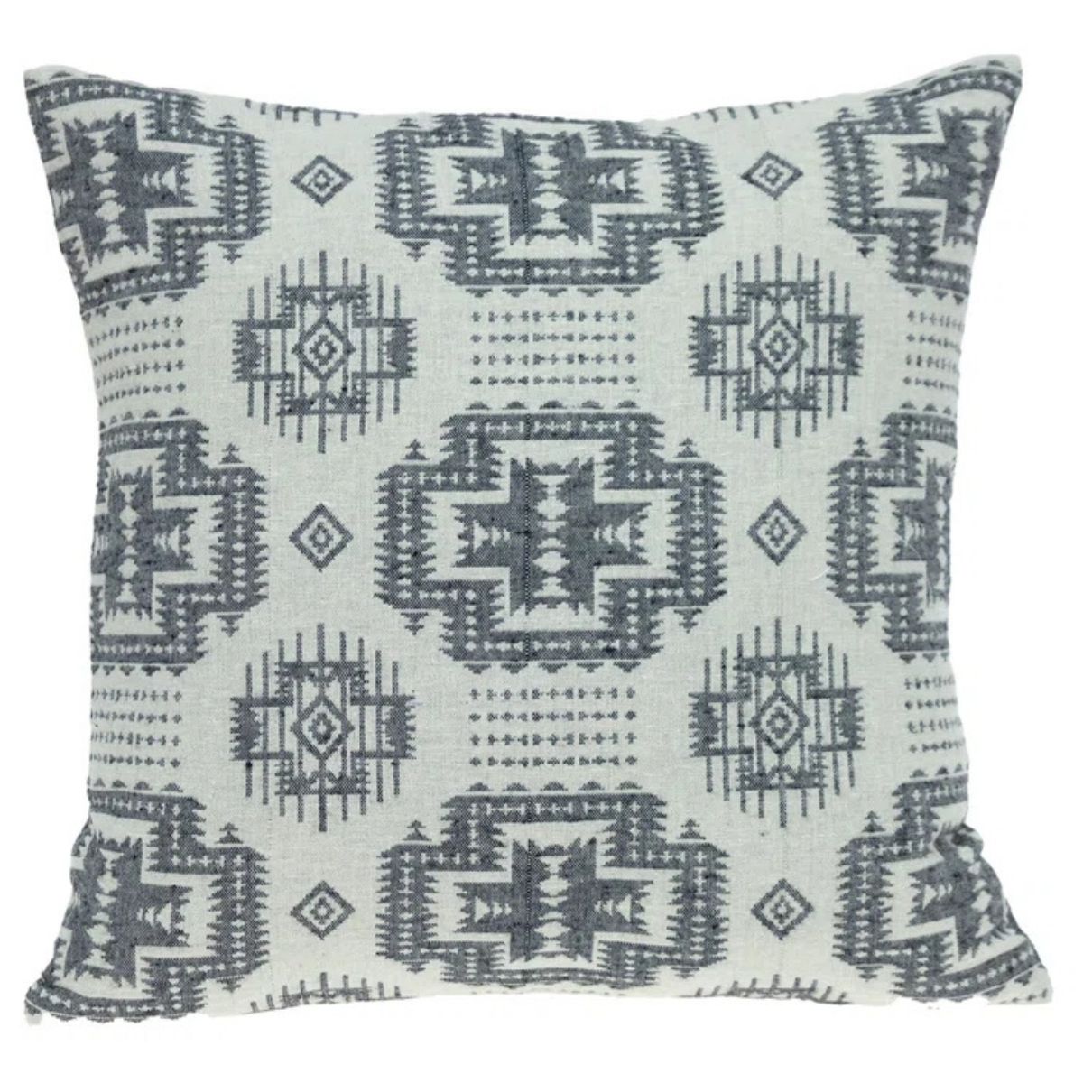 Beige square throw pillow with a repeating gray Southwestern geometric pattern on a white background.