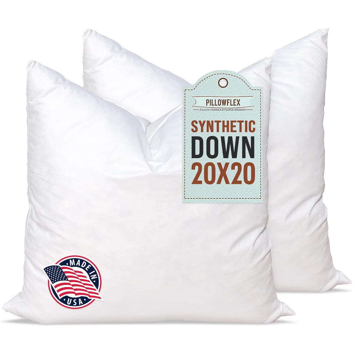 White 20x20 synthetic down pillow inserts with a Pillowflex product tag and Made in USA label.