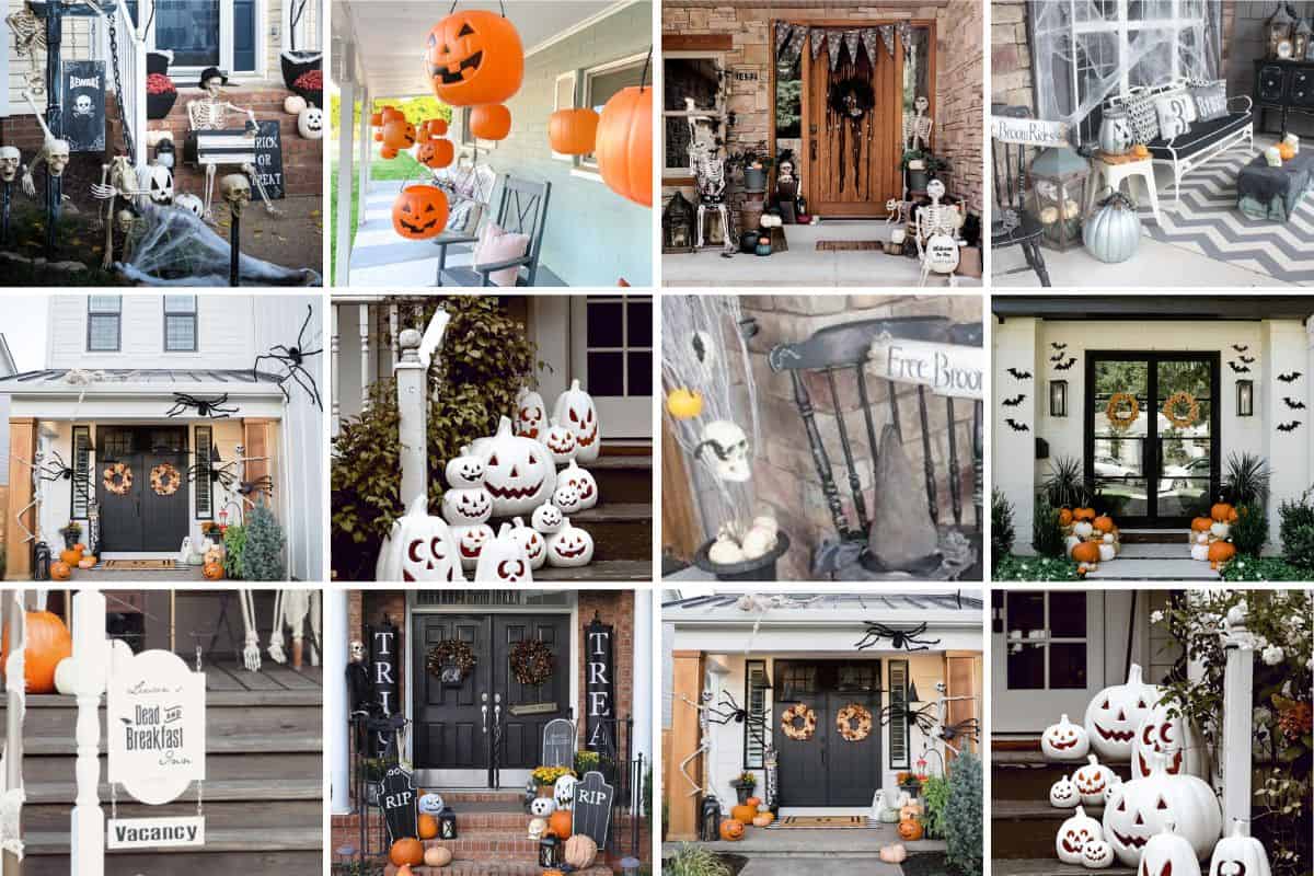 Collage image with 12 Halloween front porches.