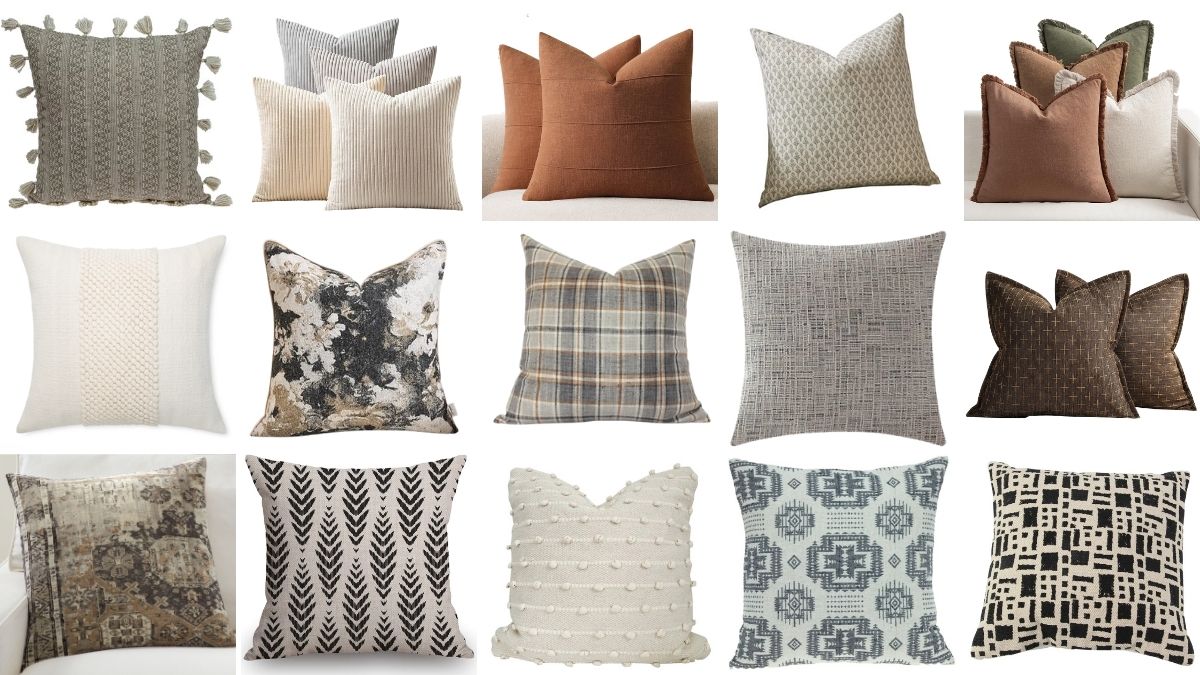 Collage of neutral fall throw pillows in cream, brown, gray, plaid, floral, geometric, and textured designs.